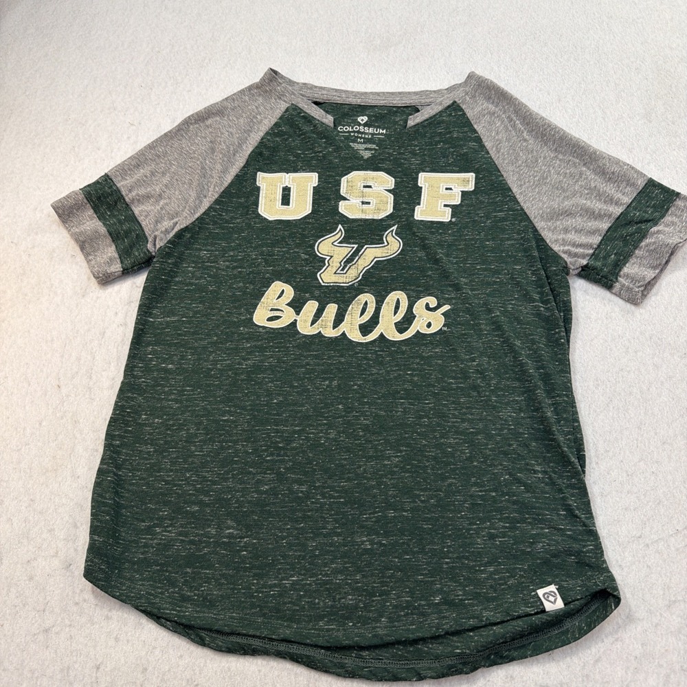 Colosseum Women's M Green Gray USF Bulls Short Sleeve Tee Shirt V Neck